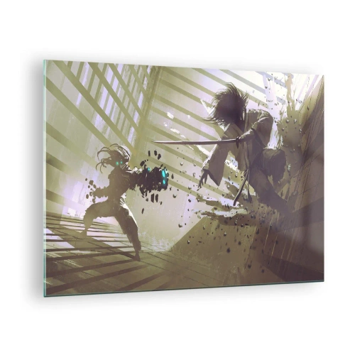 Cuadro sobre vidrio - Impresiones sobre Vidrio - Duelo de samuráis en una escena dinámica - 70x50cm - Y puedes ser un samurai - Decoración de pared moderna para salón y dormitorio ARTTOR