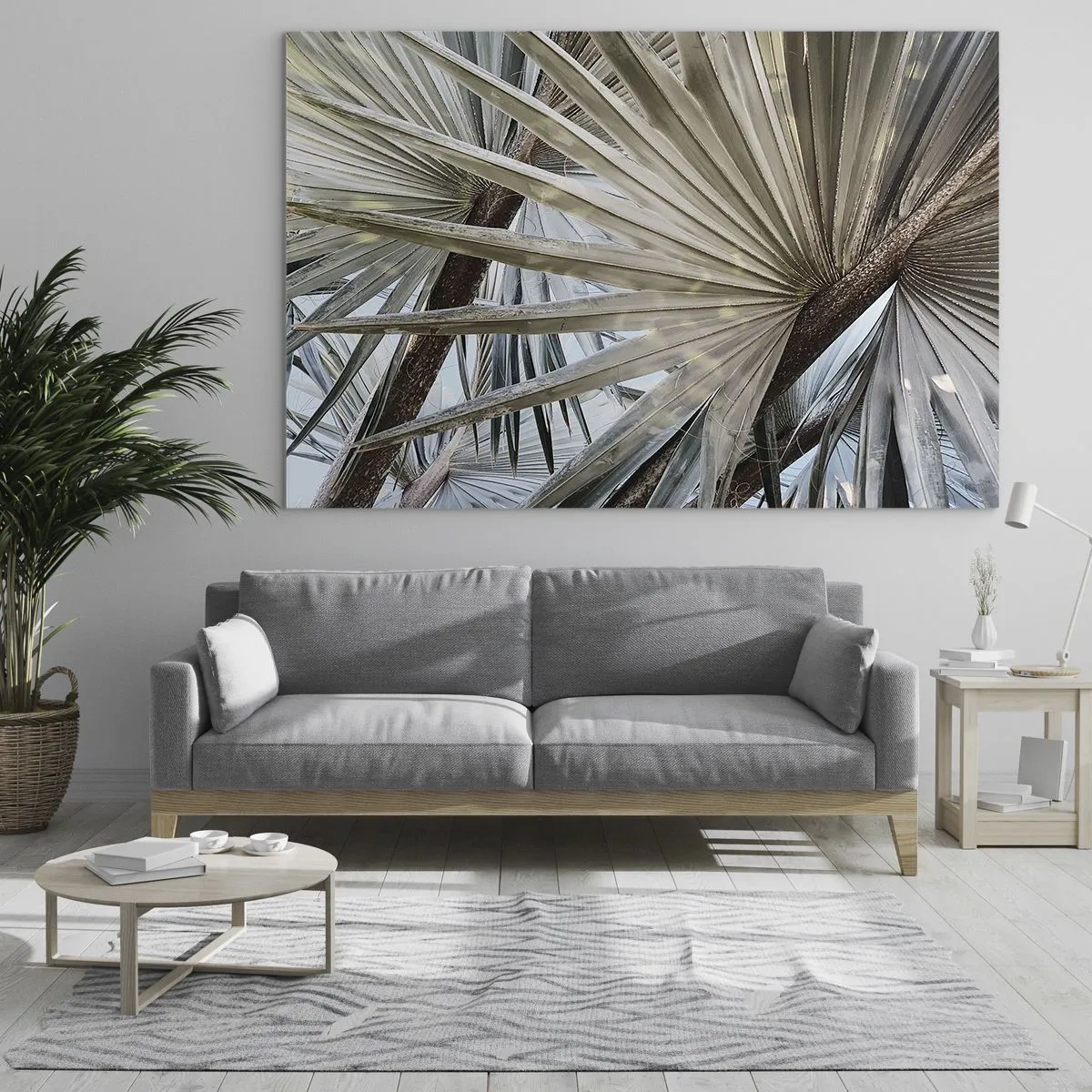 Cuadro sobre vidrio - Impresiones sobre Vidrio - Hojas de palma a plena luz del día - 70x50cm - Abanicos en el trópico - Decoración de pared moderna para salón y dormitorio ARTTOR