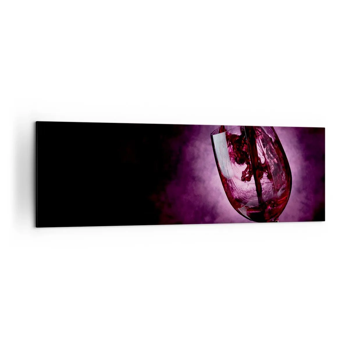 Cuadro sobre lienzo - Impresión de Imagen - Vino tinto vertido en una copa sobre un fondo de humo púrpura. - 160x50cm - ¿Escarlata? ¿Carmín? No, rubí. - Decoración de pared moderna para salón y dormitorio ARTTOR