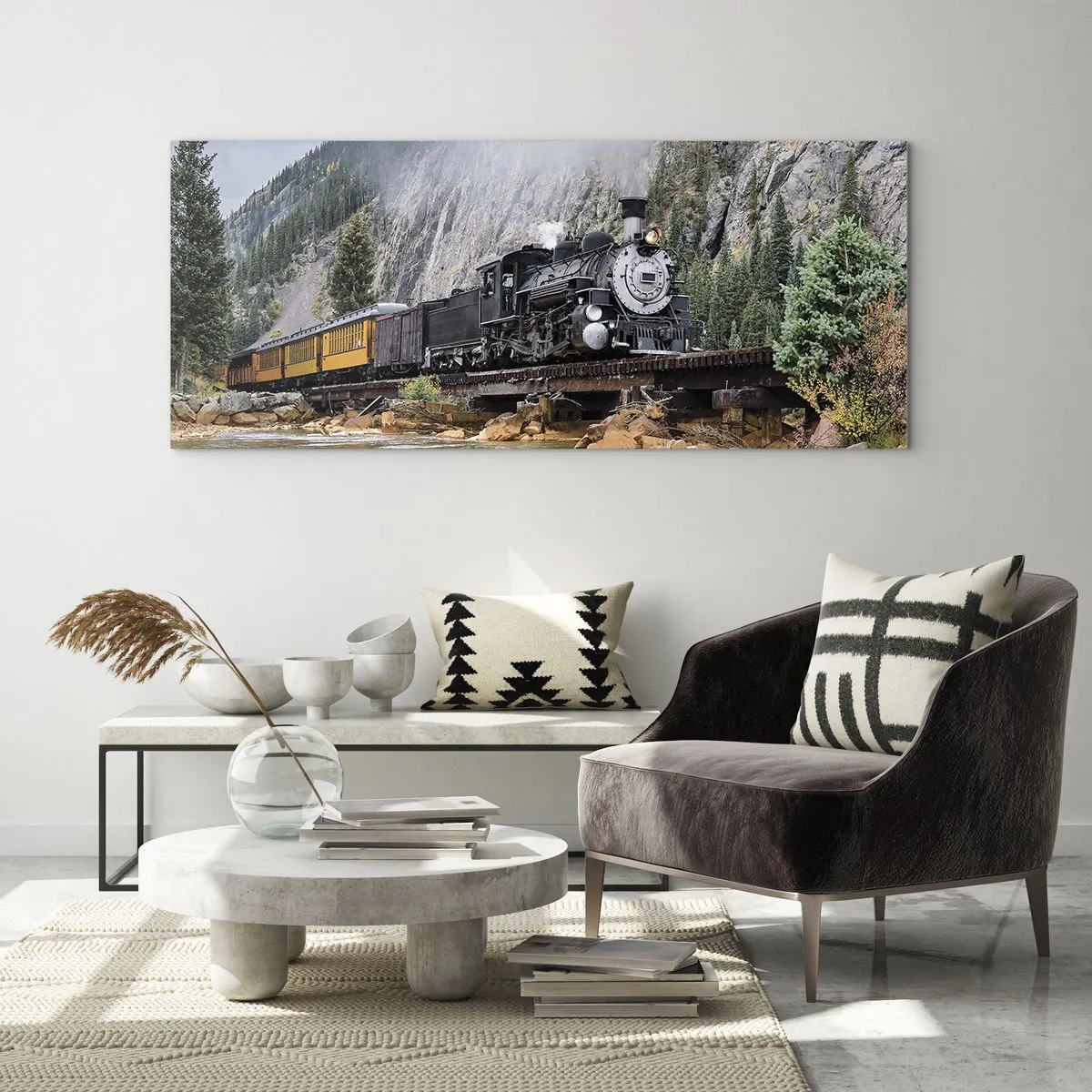 Cuadro sobre vidrio - Impresiones sobre Vidrio - Una locomotora de vapor en un puente en un pintoresco paisaje montañoso. - 120x50cm - ¿Adónde me llevas? - Decoración de pared moderna para salón y dormitorio ARTTOR
