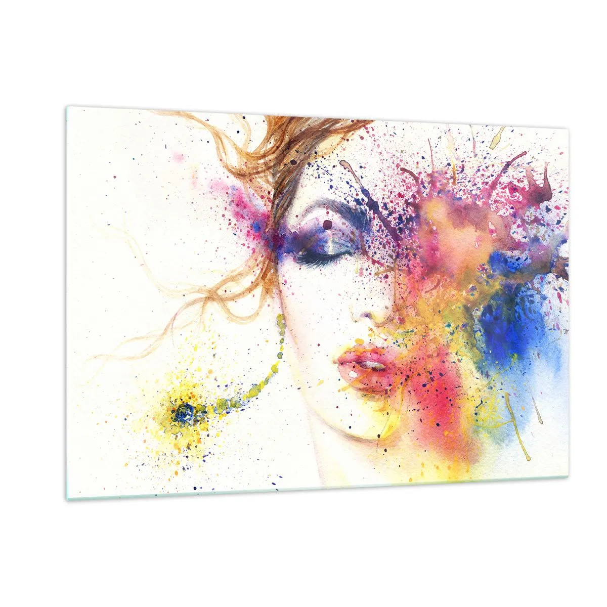 Cuadro sobre vidrio - Impresiones sobre Vidrio - Retrato abstracto de una mujer con salpicaduras de pintura de arcoíris - 120x80cm - Vértigo del arco iris - Decoración de pared moderna para salón y dormitorio ARTTOR