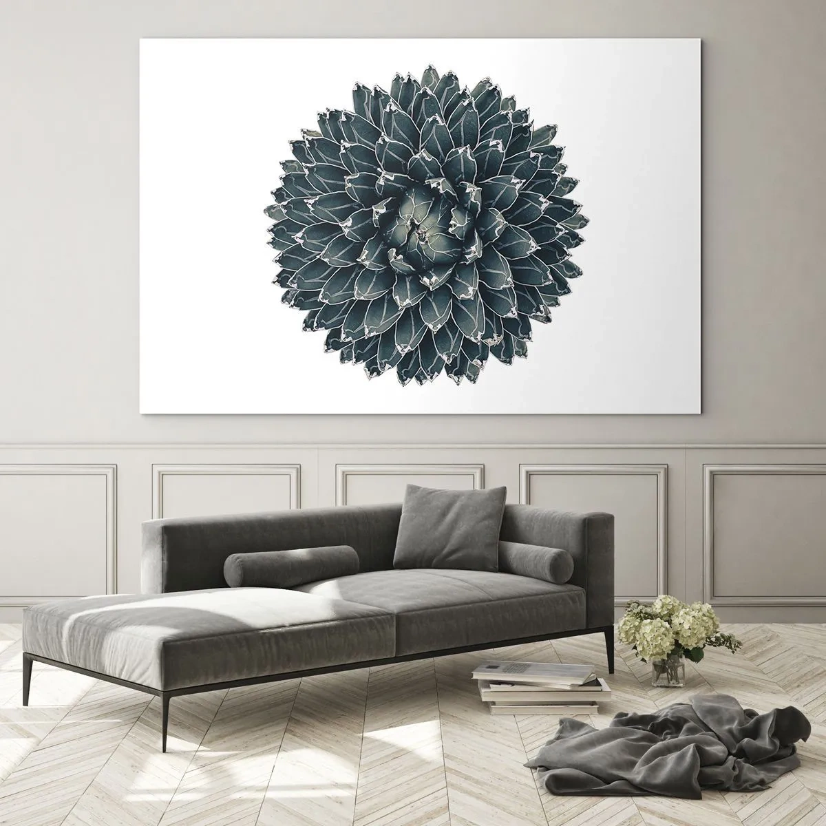 Cuadro sobre vidrio - Impresiones sobre Vidrio - Patrón simétrico de planta suculenta sobre fondo blanco. - 70x50cm - Estrella del desierto - Decoración de pared moderna para salón y dormitorio ARTTOR