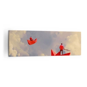 Cuadro sobre lienzo - Impresión de Imagen - Barquitos de papel rojos flotando en las nubes - 160x50cm - El viaje de un soñador - Decoración de pared moderna para salón y dormitorio ARTTOR
