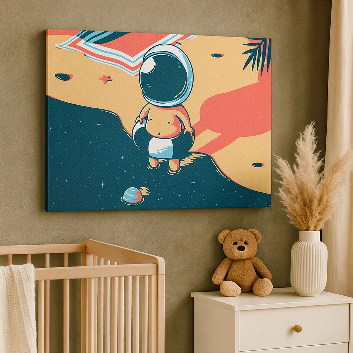 Cuadro sobre lienzo - Impresión de Imagen - Astronauta divertido en la playa con elementos espaciales de fondo. - 70x50cm - Desde una perspectiva diferente - Decoración de pared moderna para salón y dormitorio ARTTOR