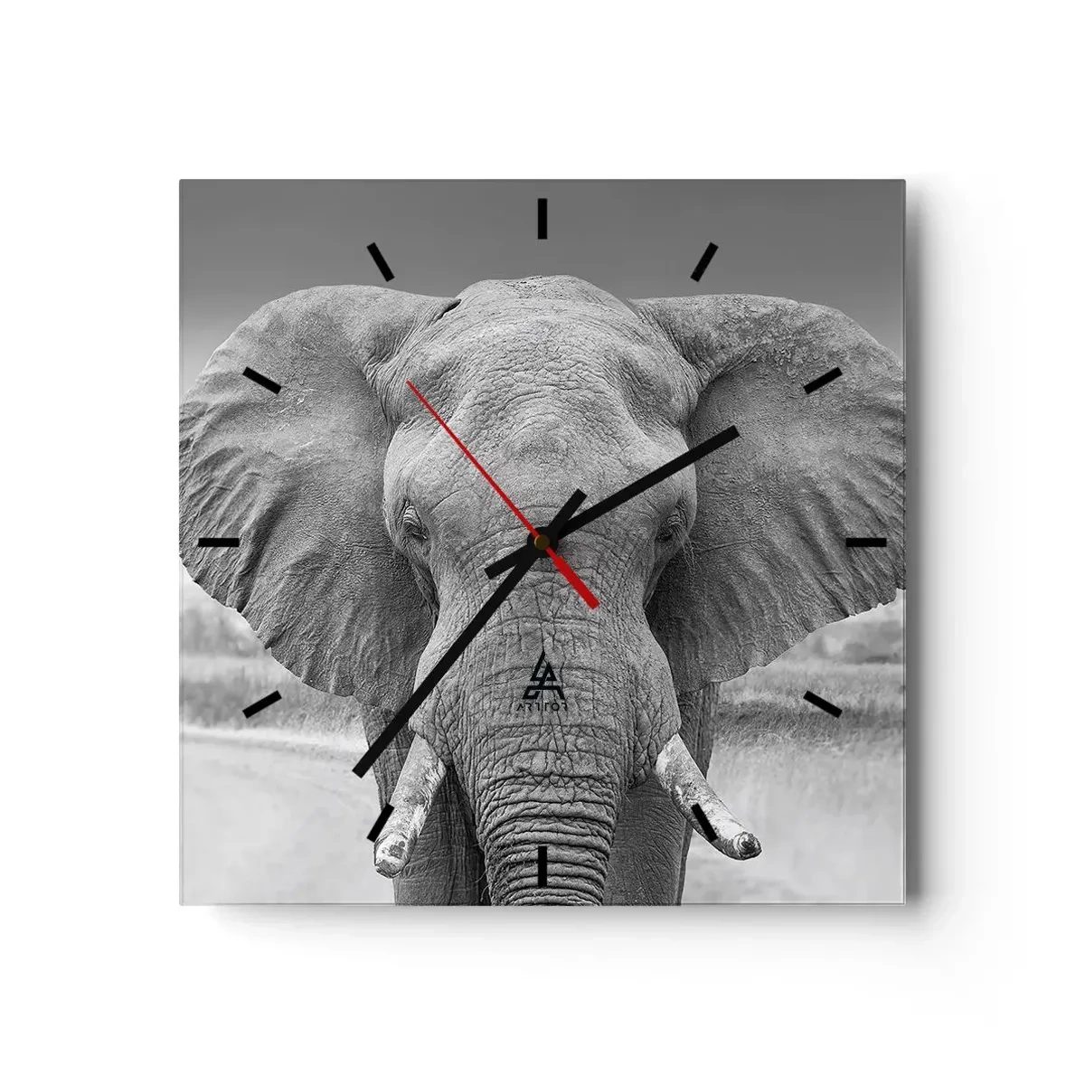 Reloj de pared - Reloj de vidrio - Retrato de un elefante en blanco y negro - 30x30cm - Bienvenido a mi mundo - Decoración de pared moderna para salón y dormitorio ARTTOR