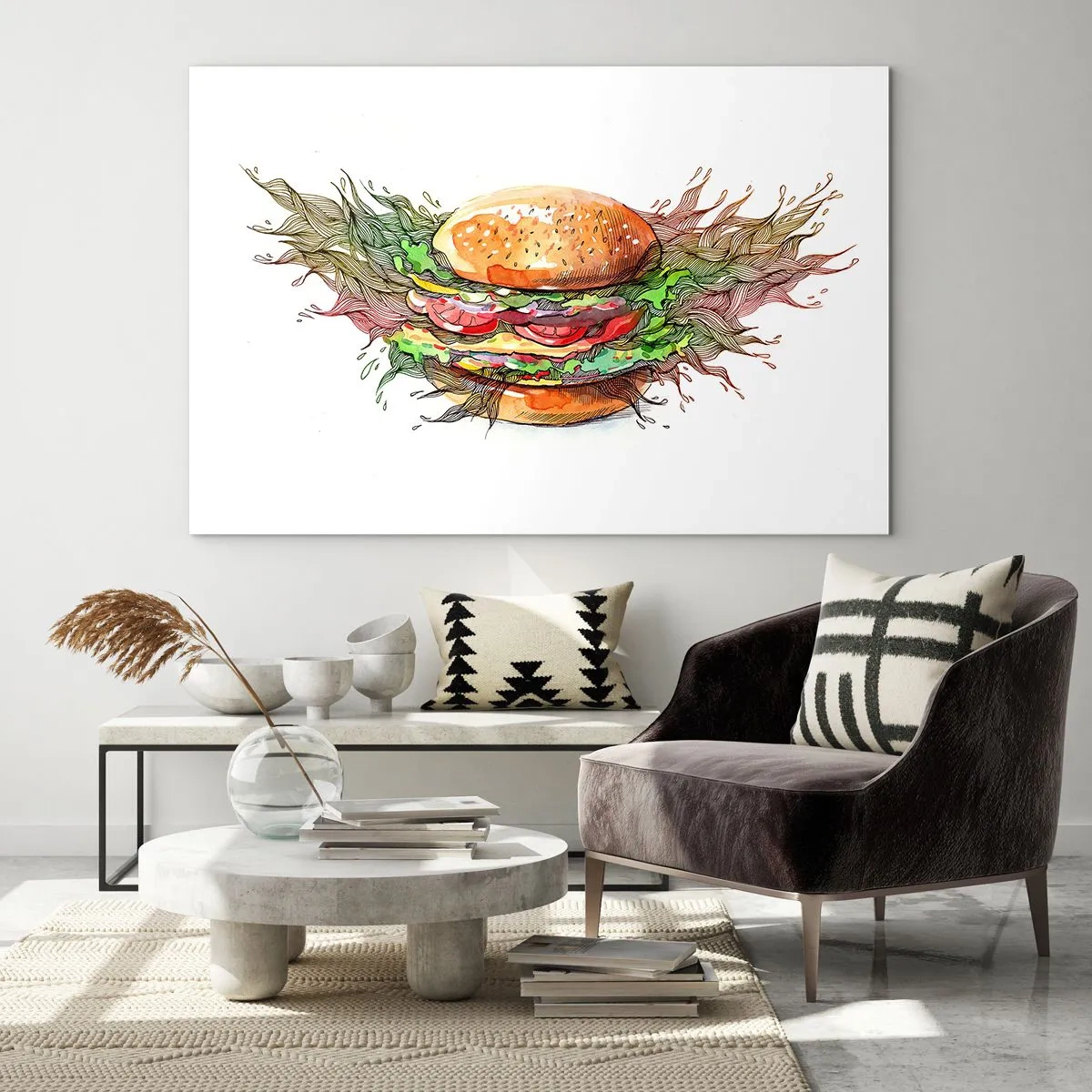 Cuadro sobre vidrio - Impresiones sobre Vidrio - Dibujo artístico de una hamburguesa con detalles en acuarela. - 100x70cm - Tentación irresistible - Decoración de pared moderna para salón y dormitorio ARTTOR