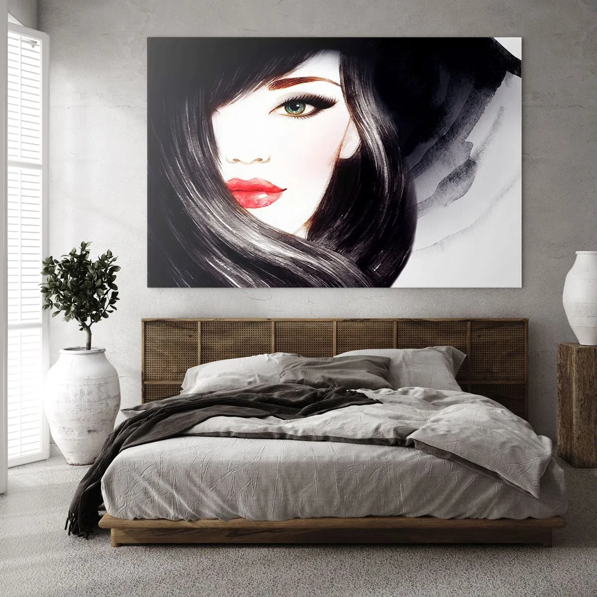 Cuadro sobre vidrio - Impresiones sobre Vidrio - Retrato de una mujer con cabello negro y labios rojos expresivos. - 70x50cm - Mirada de zafiro - Decoración de pared moderna para salón y dormitorio ARTTOR