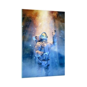 Cuadro sobre vidrio - Impresiones sobre Vidrio - Un astronauta en el espacio iluminado por rayos de luz. - 50x70cm - El descubrimiento - Decoración de pared moderna para salón y dormitorio ARTTOR