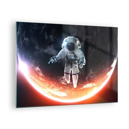 Cuadro sobre vidrio - Impresiones sobre Vidrio - Astronauta en el espacio con un planeta al fondo - 70x50cm - ¿Puedo quedarme un rato más? - Decoración de pared moderna para salón y dormitorio ARTTOR