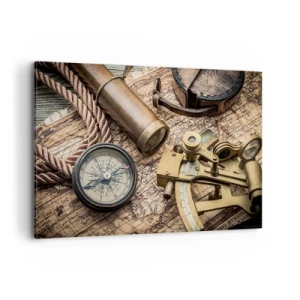 Cuadro sobre lienzo - Impresión de Imagen - Una brújula, un sextante y un telescopio sobre el fondo de un mapa antiguo y una cuerda náutica. - 120x80cm - Establecer un rumbo - Decoración de pared moderna para salón y dormitorio ARTTOR