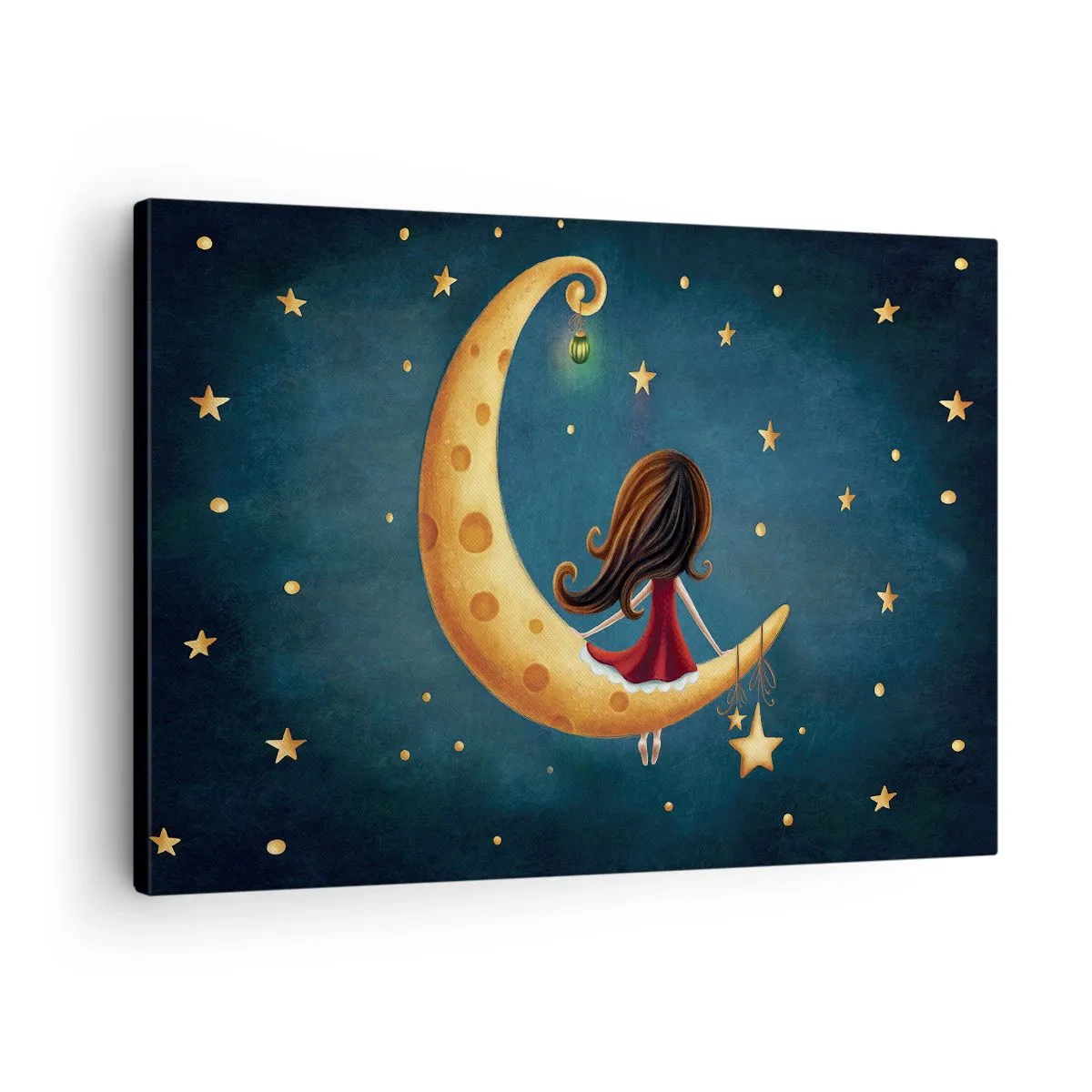 Cuadro sobre lienzo - Impresión de Imagen - Una niña en la luna rodeada de estrellas. - 70x50cm - Érase una vez... - Decoración de pared moderna para salón y dormitorio ARTTOR