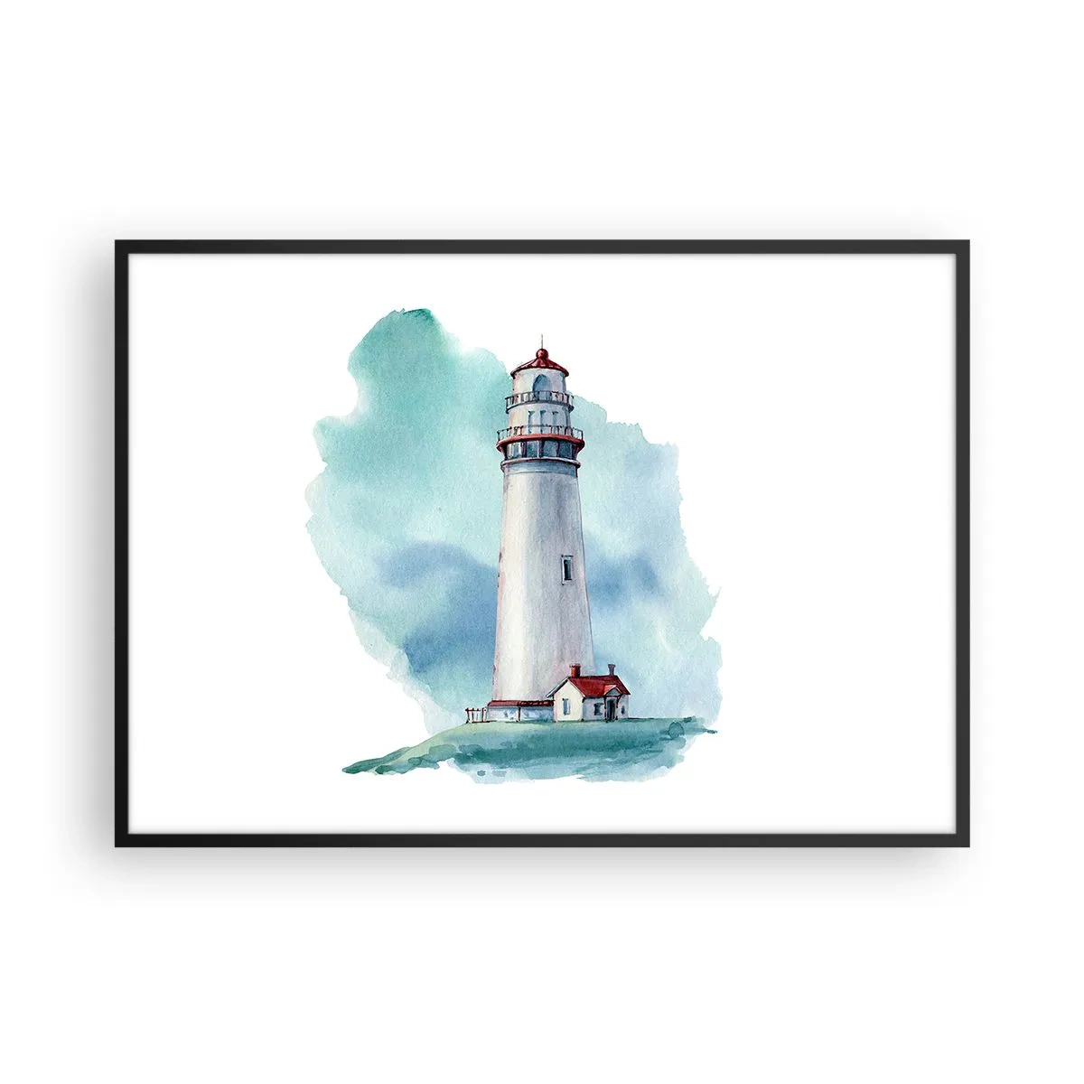 Póster en marco negro - Un faro sobre un fondo azul de acuarela. - 100x70cm - Gentil hermana del azul - Decoración de pared moderna para salón y dormitorio ARTTOR