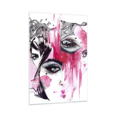 Cuadro sobre vidrio - Impresiones sobre Vidrio - Rostros femeninos abstractos con acentos rosas en un estilo de boceto. - 50x70cm - Ojos abstractos - Decoración de pared moderna para salón y dormitorio ARTTOR