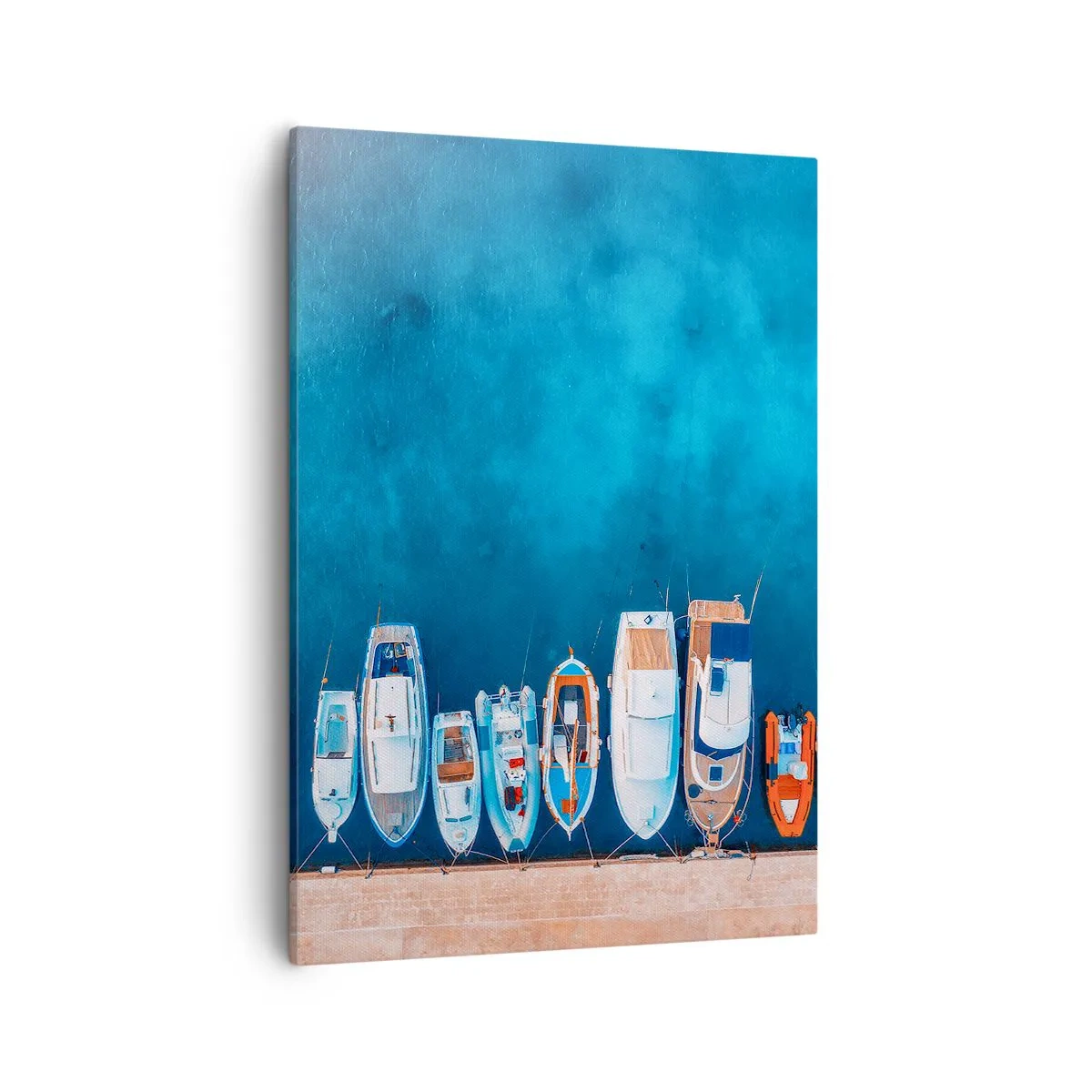 Cuadro sobre lienzo - Impresión de Imagen - Barcos amarrados en la orilla contra el agua azul. - 50x70cm - En fila y a la espera - Decoración de pared moderna para salón y dormitorio ARTTOR