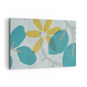 Cuadro sobre lienzo - Impresión de Imagen - Hojas en tonos turquesa y amarillo sobre un fondo claro. - 120x80cm - Entre hojas azules - Decoración de pared moderna para salón y dormitorio ARTTOR
