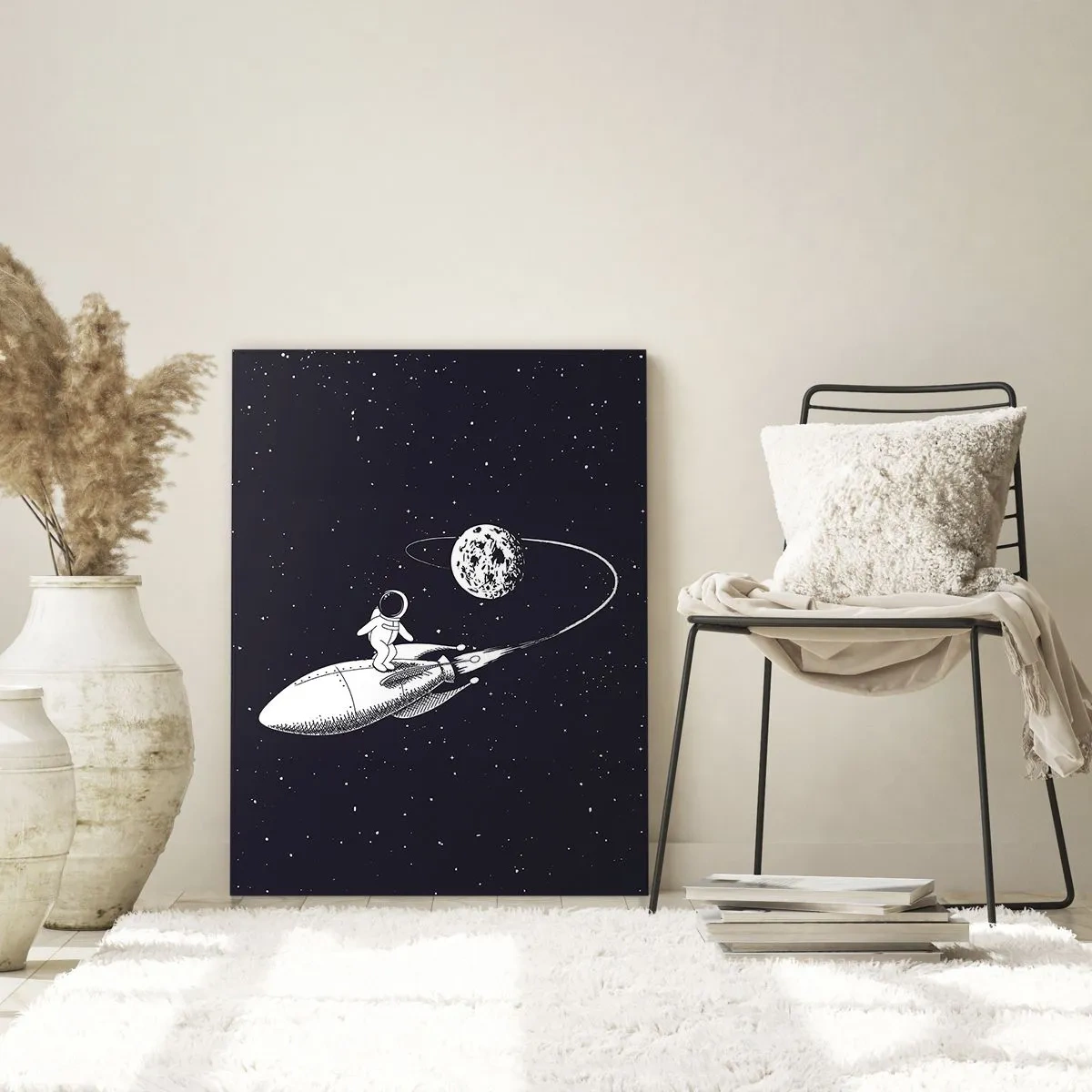 Cuadro sobre vidrio - Impresiones sobre Vidrio - Astronauta de dibujos animados surfeando en el espacio en un cohete - 50x70cm - Surfista espacial - Decoración de pared moderna para salón y dormitorio ARTTOR