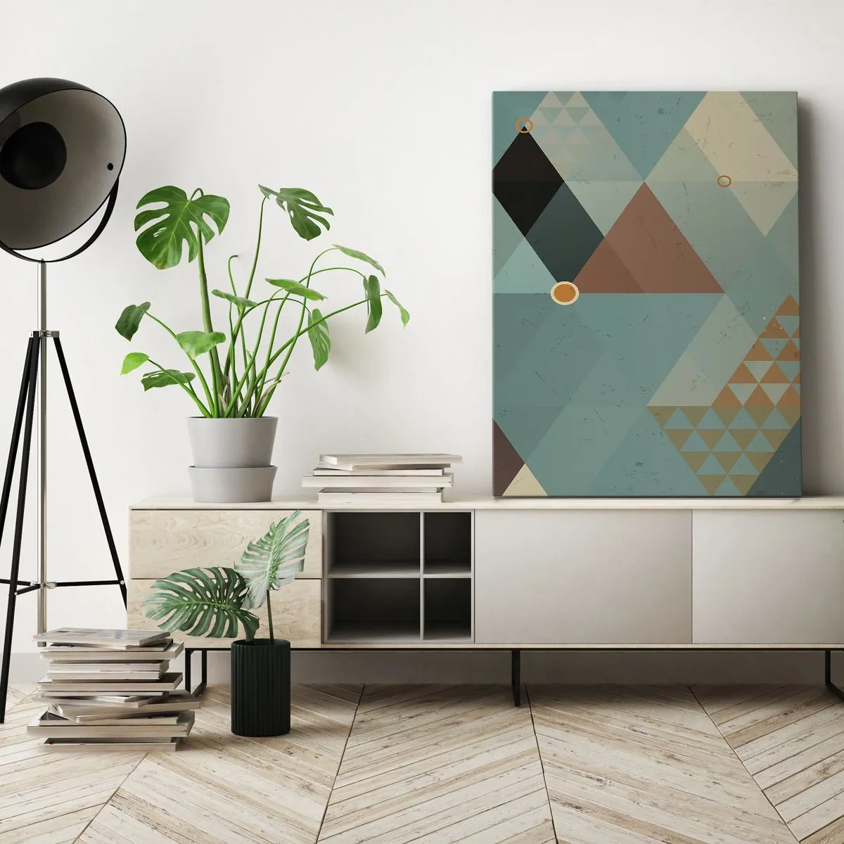 Cuadro sobre lienzo - Impresión de Imagen - Patrones geométricos en tonos turquesa y marrón. - 80x120cm - Uno para todos y todos para uno - Decoración de pared moderna para salón y dormitorio ARTTOR