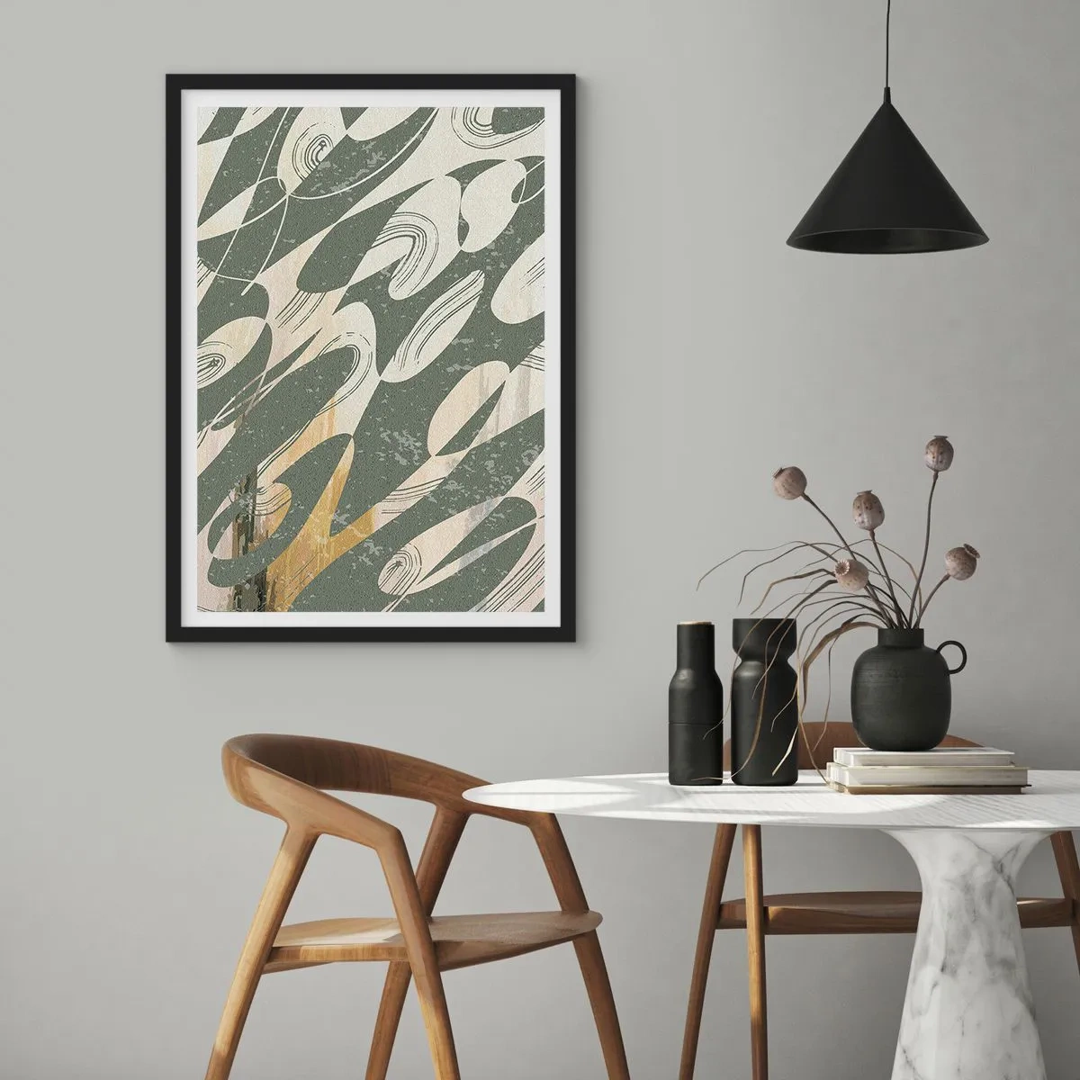 Póster en marco negro - Una composición abstracta de formas orgánicas en verde y beige. - 50x70cm - Abstracción rítmica - Decoración de pared moderna para salón y dormitorio ARTTOR