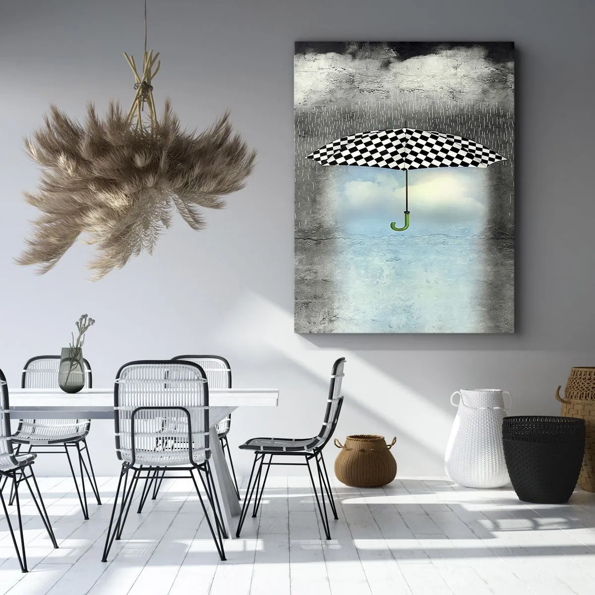 Cuadro sobre lienzo - Impresión de Imagen - Un paraguas a cuadros sobre un paisaje lluvioso. - 50x70cm - Y sin embargo, es posible - Decoración de pared moderna para salón y dormitorio ARTTOR