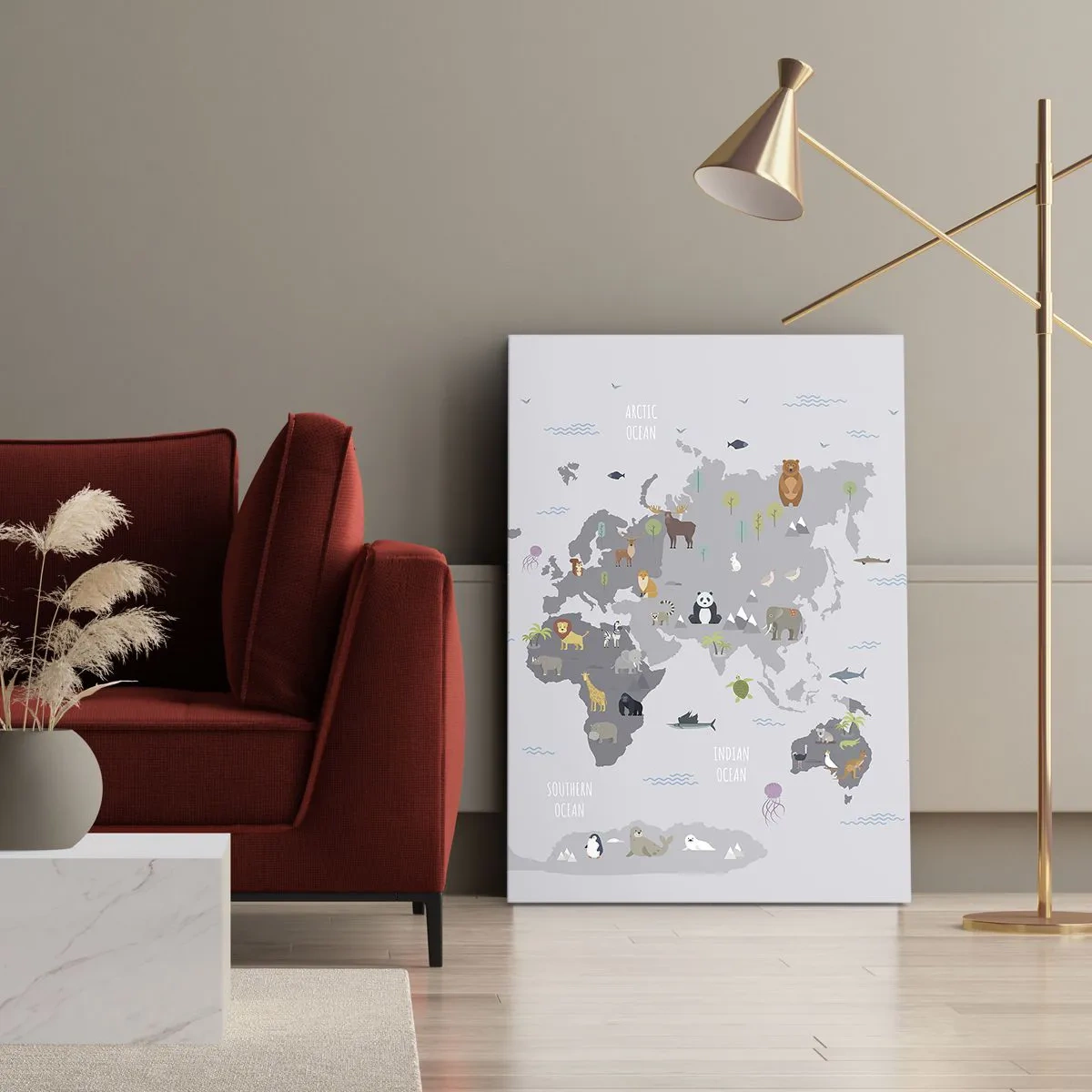 Cuadro sobre lienzo - Impresión de Imagen - Un mapa del mundo con ilustraciones de animales sobre un fondo gris. - 50x70cm - Dime de dónde eres... - Decoración de pared moderna para salón y dormitorio ARTTOR