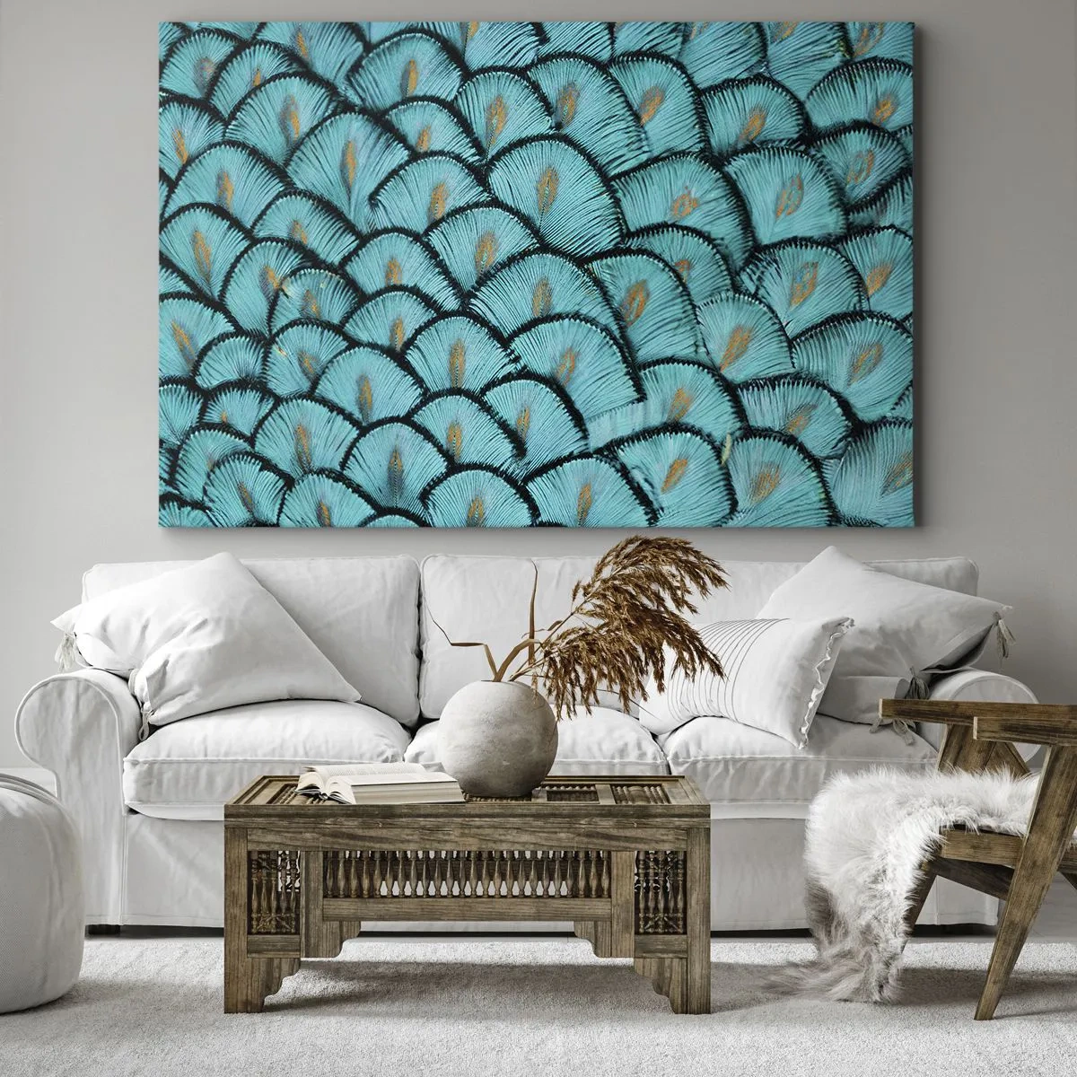 Cuadro sobre lienzo - Impresión de Imagen - Un patrón que se asemeja a escamas turquesas con acentos dorados. - 70x50cm - La gran gala de las plumas - Decoración de pared moderna para salón y dormitorio ARTTOR