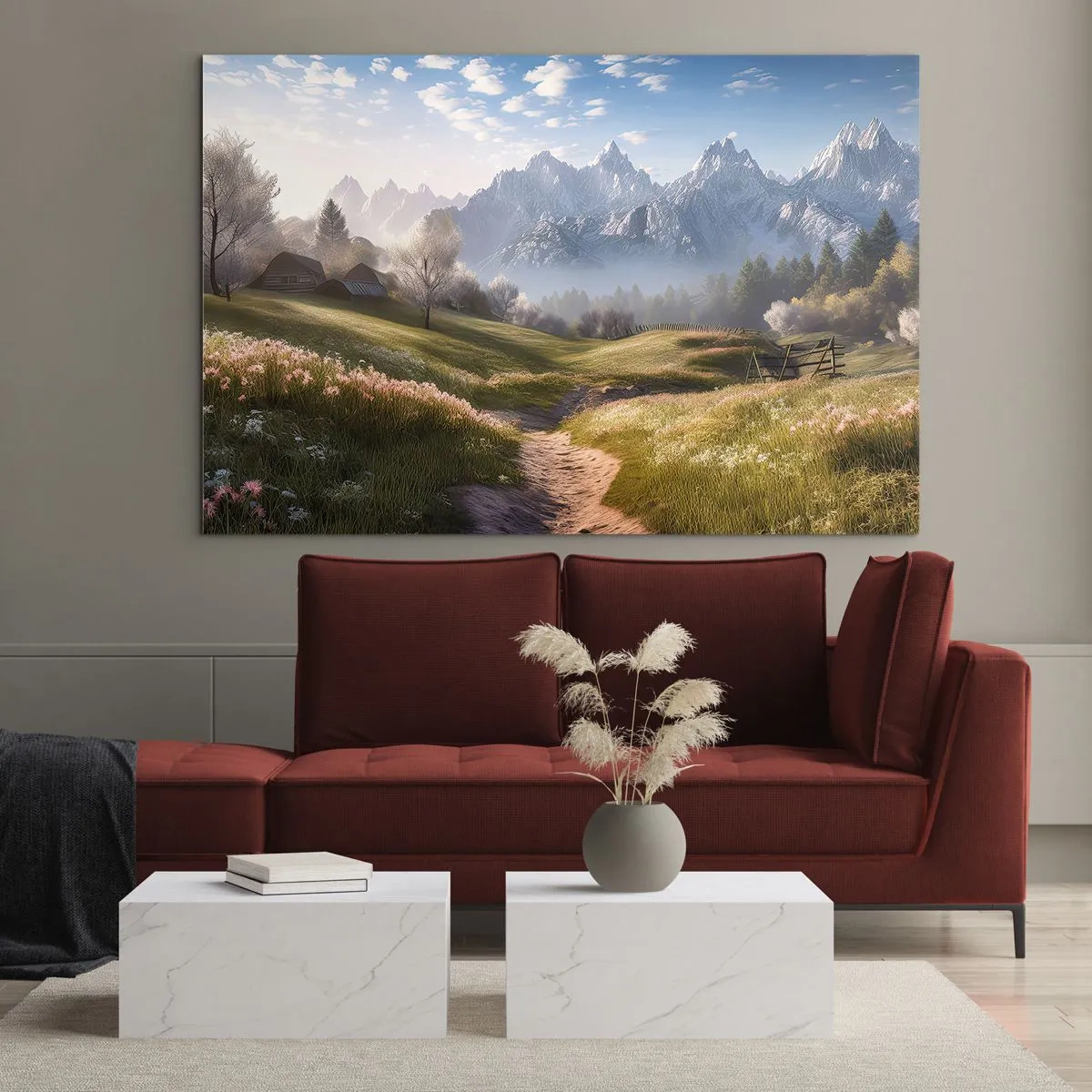 Cuadro sobre vidrio - Impresiones sobre Vidrio - Paisaje primaveral con un valle, flores y montañas al fondo por la mañana. - 120x80cm - Valle idílico - Decoración de pared moderna para salón y dormitorio ARTTOR