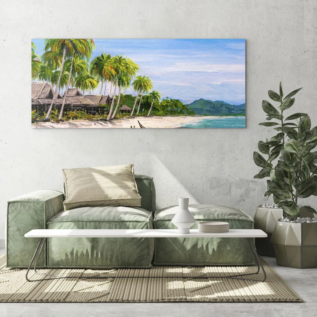 Cuadro sobre vidrio - Impresiones sobre Vidrio - Una playa exótica con palmeras y un barco en la orilla. - 140x50cm - Un sueño exótico - Decoración de pared moderna para salón y dormitorio ARTTOR