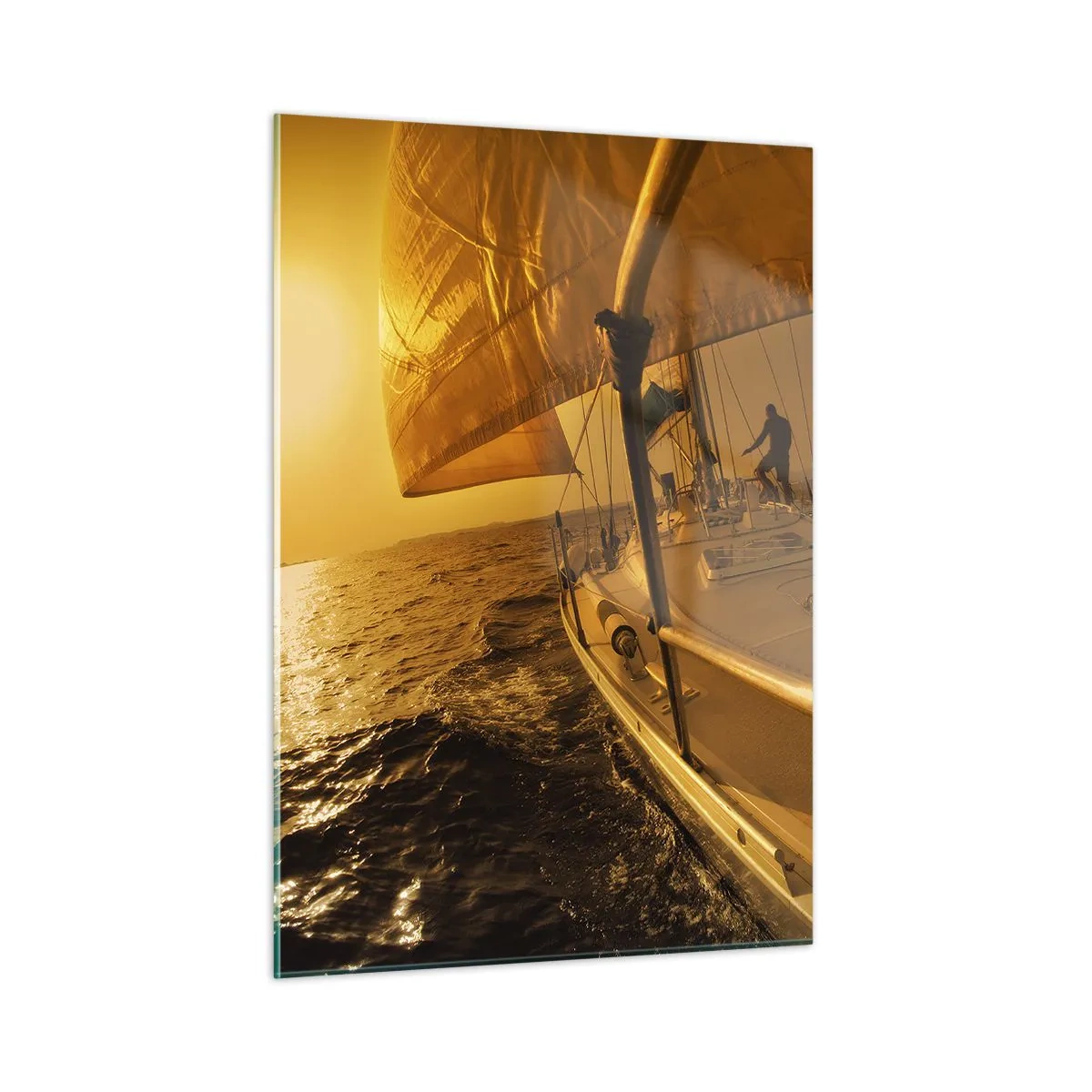 Cuadro sobre vidrio - Impresiones sobre Vidrio - Un velero con el sol poniente como telón de fondo - 50x70cm - Atardecer dorado tras un día multicolor - Decoración de pared moderna para salón y dormitorio ARTTOR