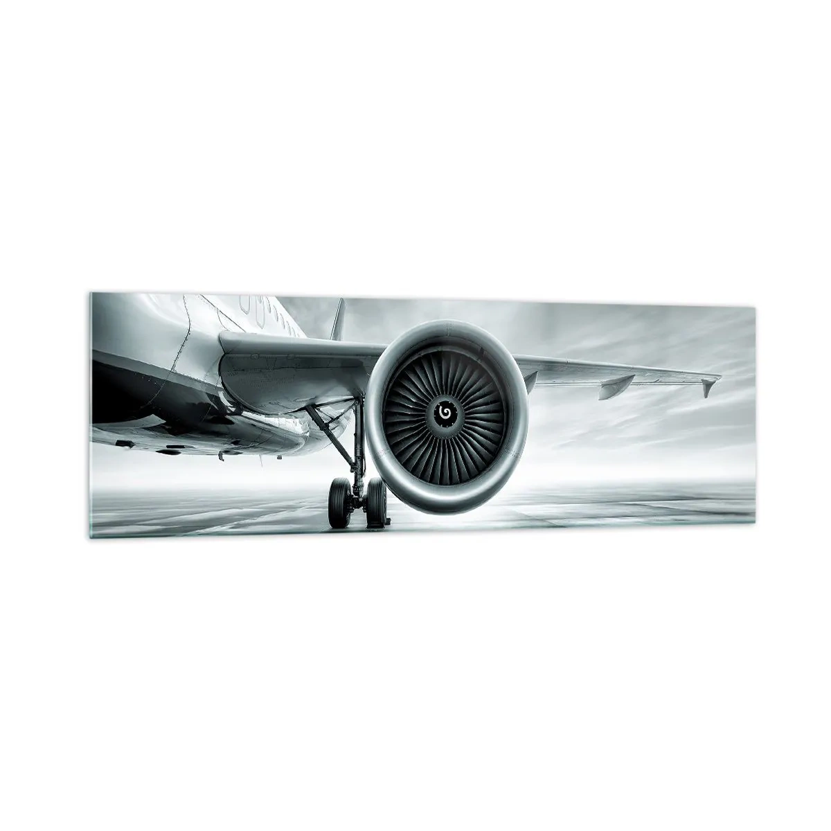 Cuadro sobre vidrio - Impresiones sobre Vidrio - El motor a reacción de un avión en la pista - 160x50cm - Hay poder - Decoración de pared moderna para salón y dormitorio ARTTOR