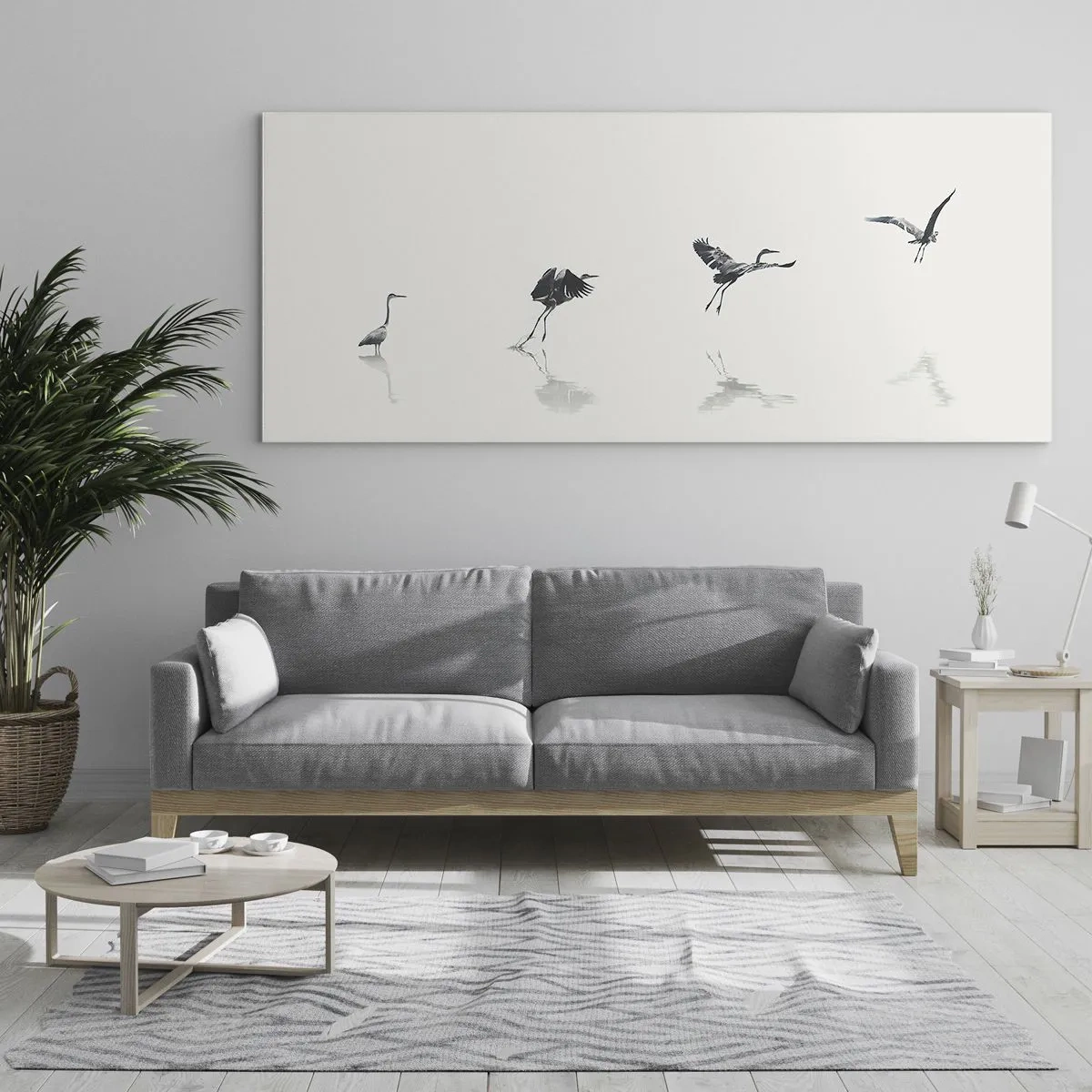 Cuadro sobre vidrio - Impresiones sobre Vidrio - Cuatro siluetas de aves reflejadas en el agua tranquila. - 140x50cm - Cuatro sencillos pasos para despegar - Decoración de pared moderna para salón y dormitorio ARTTOR