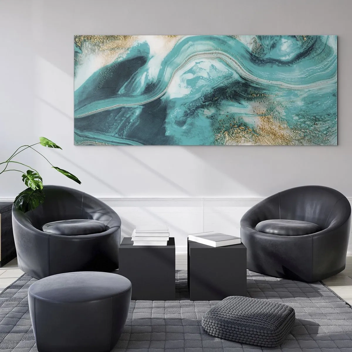 Cuadro sobre vidrio - Impresiones sobre Vidrio - Abstracción turquesa con acentos blancos y dorados. - 140x50cm - Río de oro - Decoración de pared moderna para salón y dormitorio ARTTOR