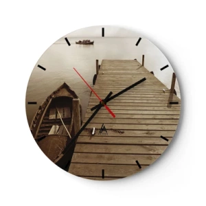 Reloj de pared - Reloj de vidrio - Un barco en un muelle de madera en sepia. - 30x30cm - La auténtica paz - Decoración de pared moderna para salón, cocina y dormitorio ARTTOR