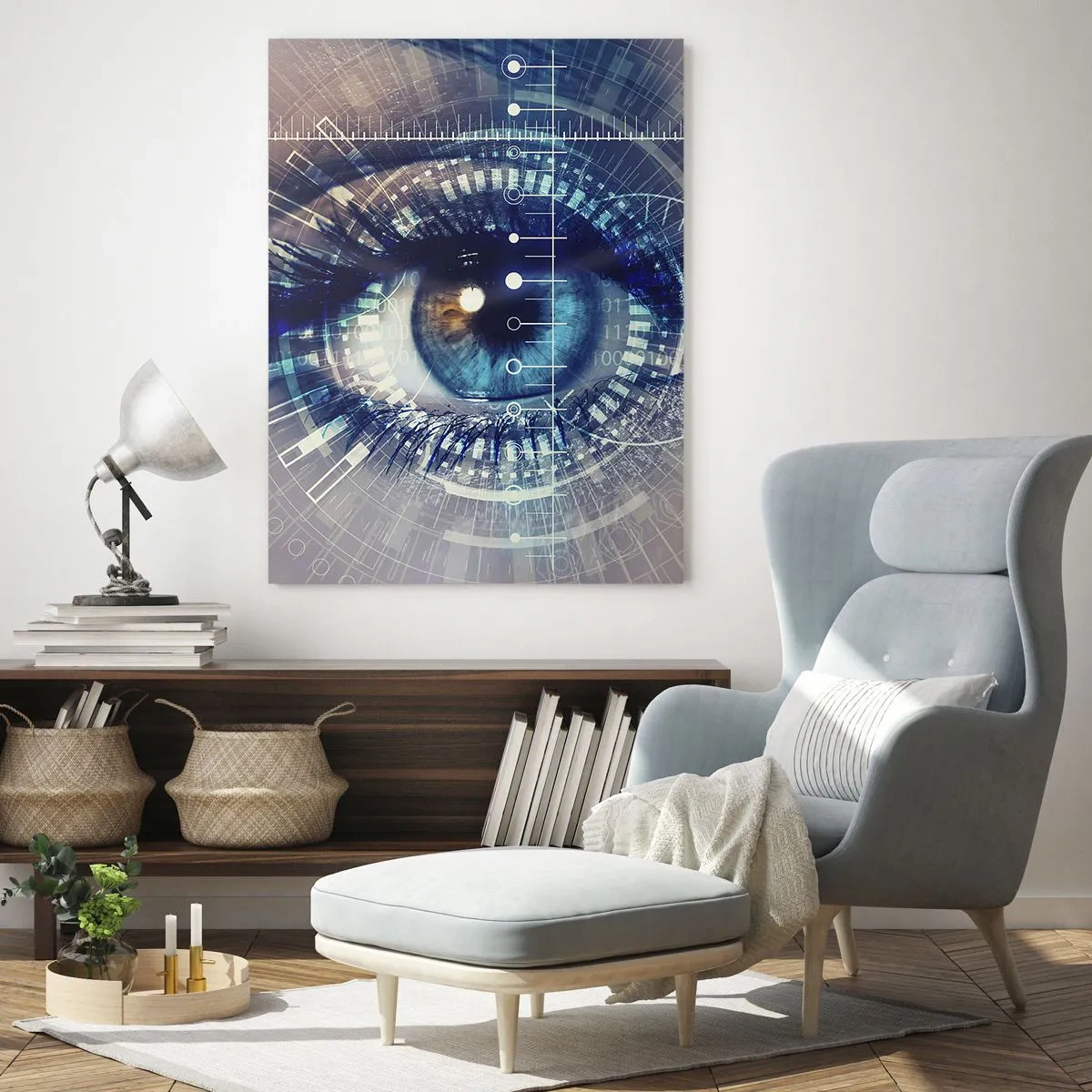 Cuadro sobre vidrio - Impresiones sobre Vidrio - Un ojo tecnológico con una interfaz futurista - 80x120cm - Crees que me conoces - Decoración de pared moderna para salón y dormitorio ARTTOR