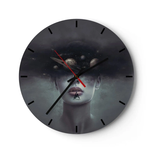 Reloj de pared - Reloj de vidrio - Una composición cósmica de planetas en la cabeza de una mujer sobre un fondo oscuro. - 30x30cm - Y los planetas sienten... - Decoración de pared moderna para salón, cocina y dormitorio ARTTOR