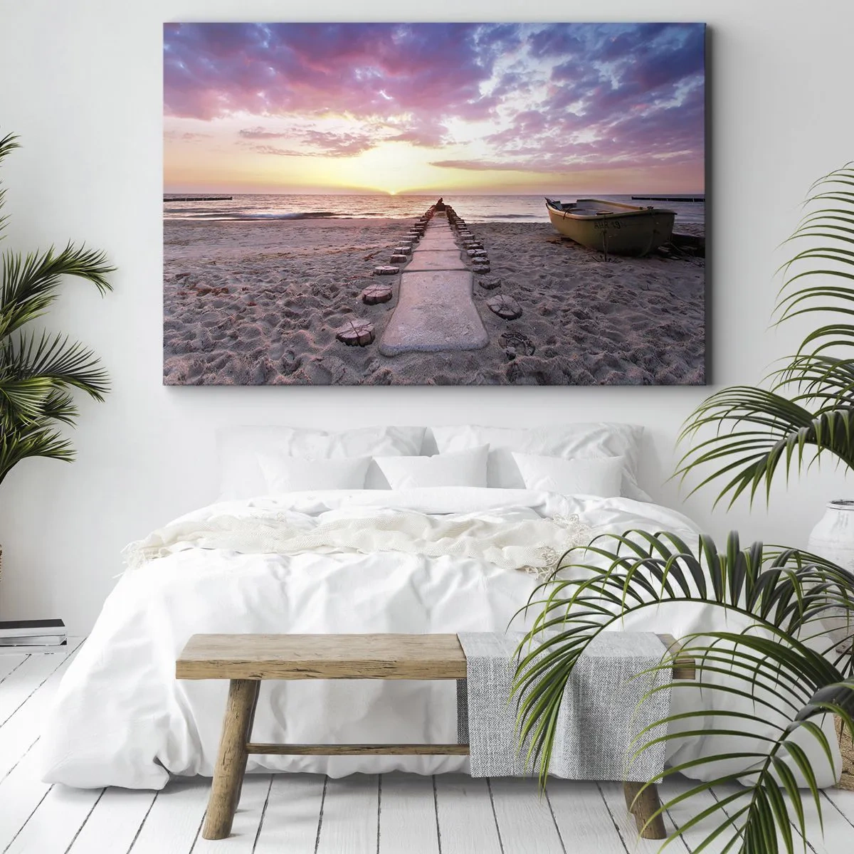 Cuadro sobre lienzo - Impresión de Imagen - Playa al amanecer con barco y muelle - 120x80cm - Un momento de profunda experiencia - Decoración de pared moderna para salón y dormitorio ARTTOR