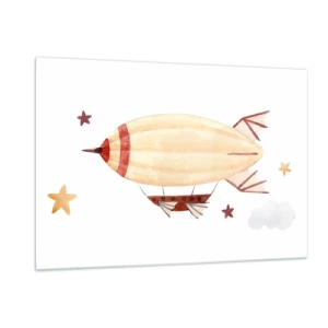 Cuadro sobre vidrio - Impresiones sobre Vidrio - Un dirigible de dibujos animados entre las estrellas sobre un fondo blanco. - 120x80cm - Dirigible - Decoración de pared moderna para salón y dormitorio ARTTOR