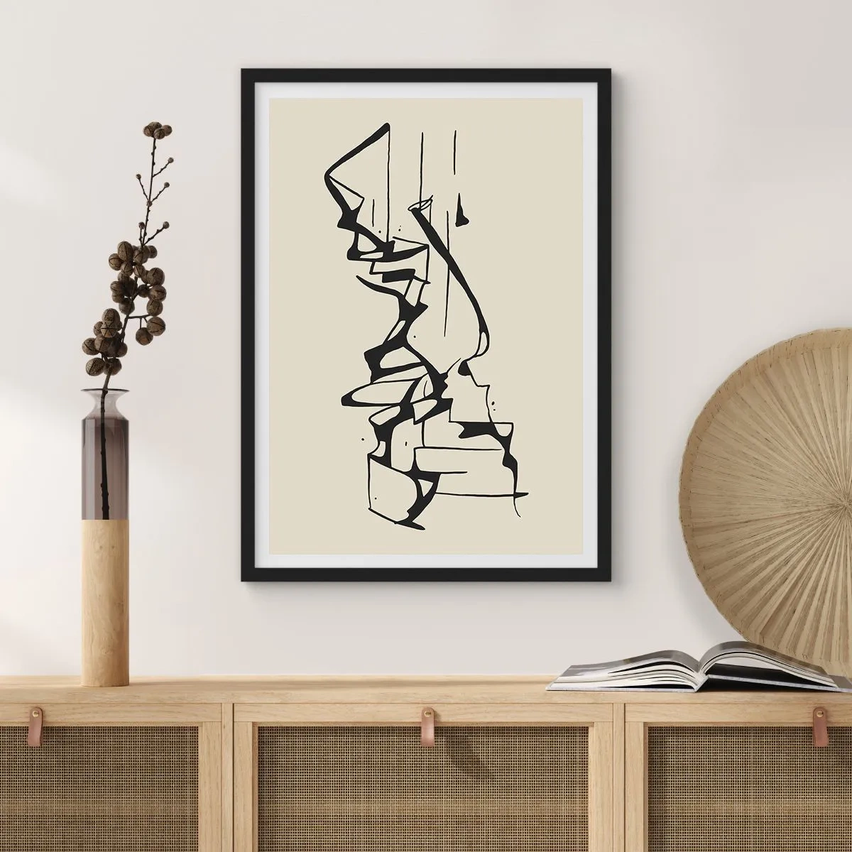 Póster en marco negro - Composición abstracta en blanco y negro de líneas y formas. - 50x70cm - Tal vez sea un paisaje - Decoración de pared moderna para salón y dormitorio ARTTOR