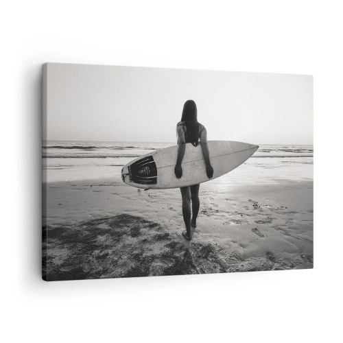 Cuadro sobre lienzo - Impresión de Imagen - Mujer con tabla de surf en la playa en blanco y negro - 70x50cm - Hija de las olas marinas - Decoración de pared moderna para salón y dormitorio ARTTOR