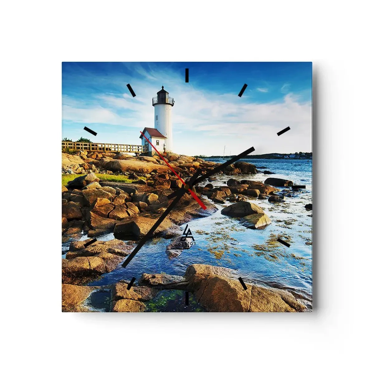 Reloj de pared - Reloj de vidrio - Un faro en una costa rocosa en un día soleado. - 30x30cm - Esperando vuestro regreso - Decoración de pared moderna para salón y dormitorio ARTTOR
