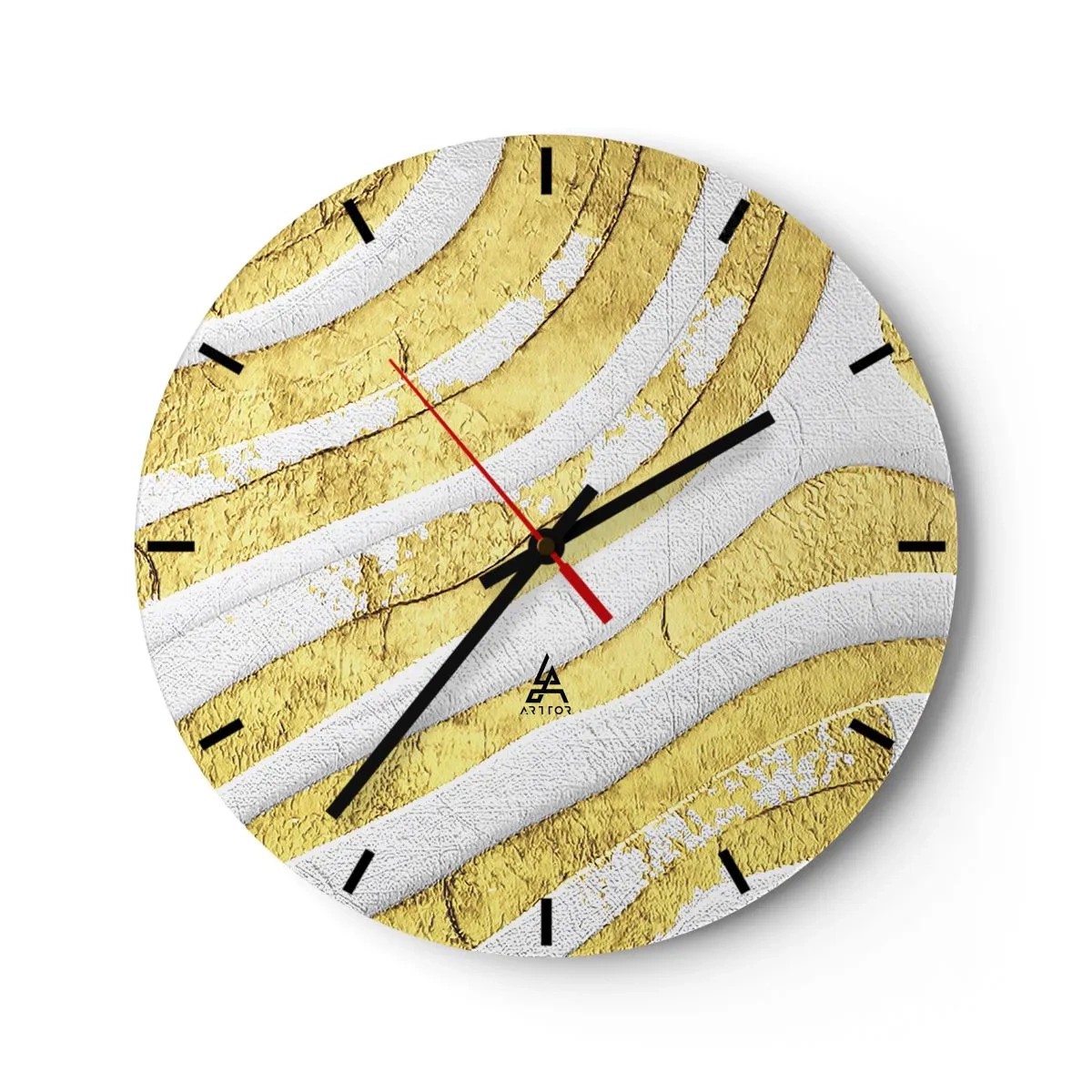 Reloj de pared - Reloj de vidrio - Ondas doradas y blancas en una textura abstracta. - 30x30cm - Una composición en blanco y oro - Decoración de pared moderna para salón, cocina y dormitorio ARTTOR
