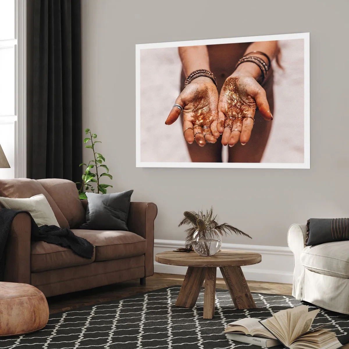 Póster - Primer plano de manos con purpurina en tonos cálidos. - 100x70cm - Un regalo para ti - Decoración de pared moderna para salón y dormitorio ARTTOR