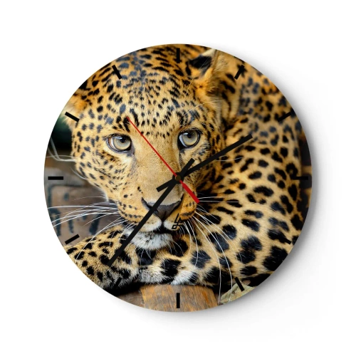 Reloj de pared - Reloj de vidrio - Retrato de un leopardo con una mirada intensa. - 30x30cm - No tengas miedo, vamos - Decoración de pared moderna para salón, cocina y dormitorio ARTTOR
