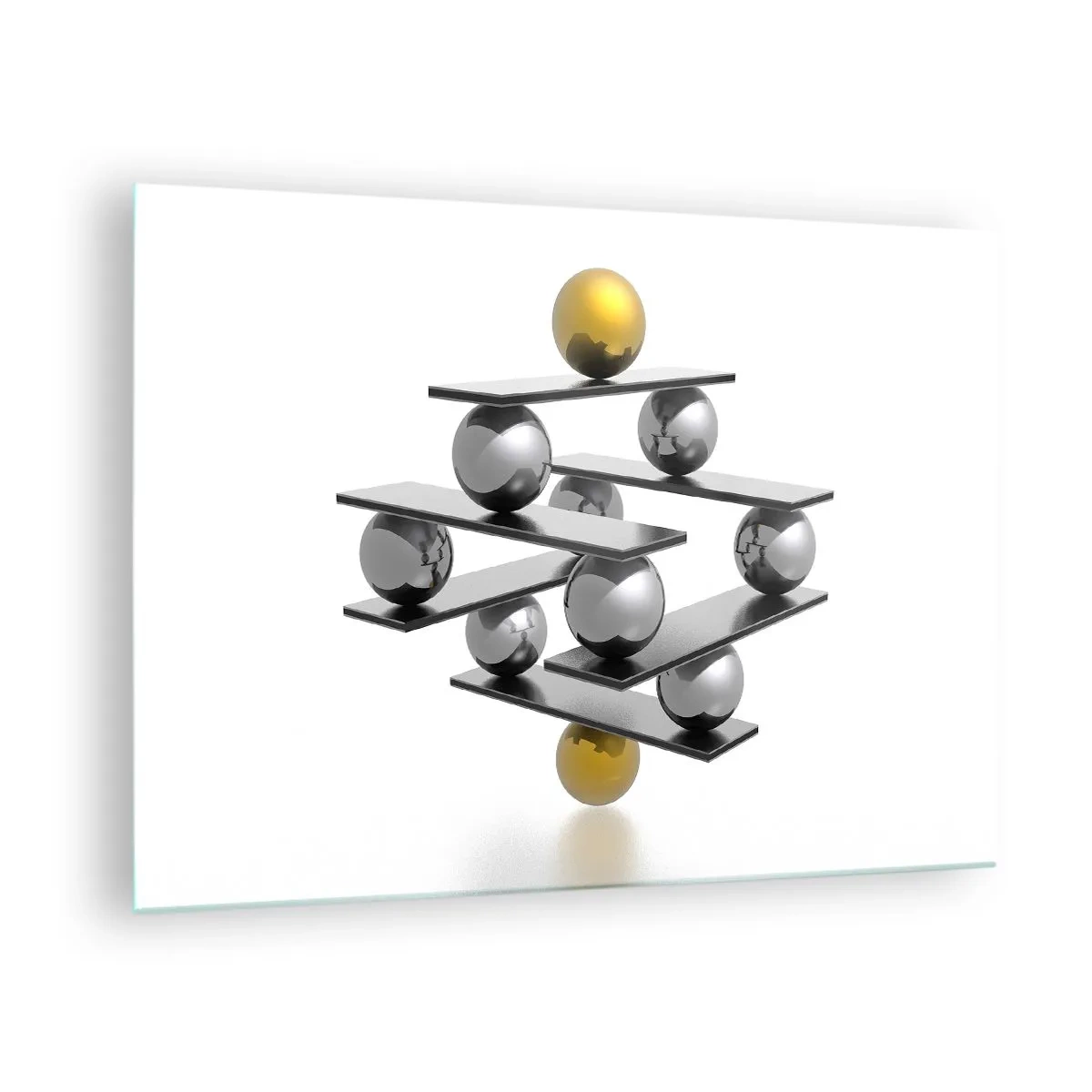 Cuadro sobre vidrio - Impresiones sobre Vidrio - Composición geométrica con bolas y plataformas sobre fondo blanco. - 70x50cm - Balance de oro y plata - Decoración de pared moderna para salón y dormitorio ARTTOR