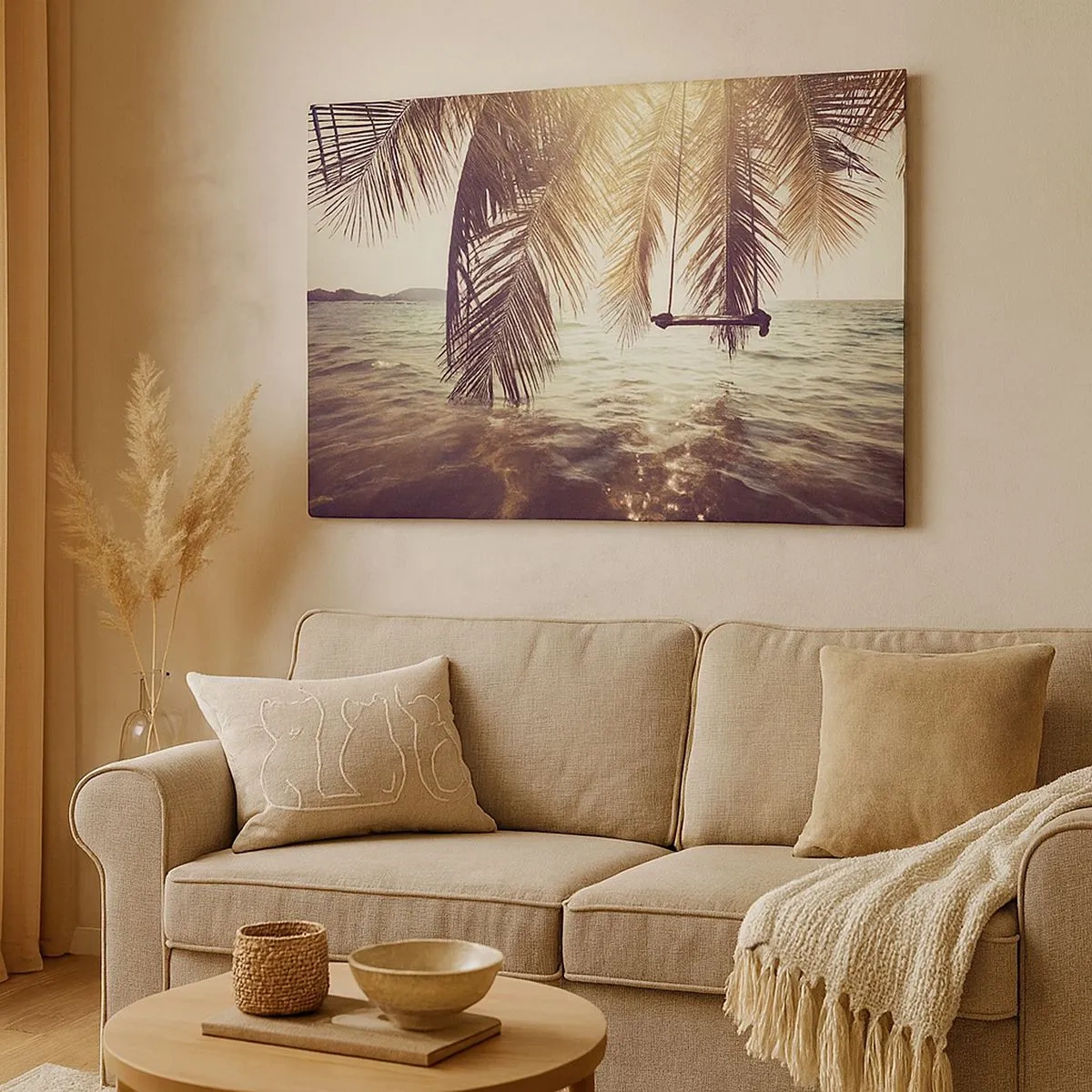 Cuadro sobre lienzo - Impresión de Imagen - Palmera con columpio sobre el agua bajo la luz del sol. - 70x50cm - Columpiar la imaginación - Decoración de pared moderna para salón y dormitorio ARTTOR