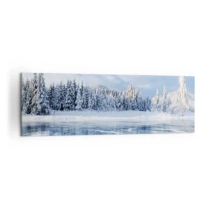Cuadro sobre lienzo - Impresión de Imagen - Un lago congelado rodeado de un bosque cubierto de nieve. - 160x50cm - Vista deslumbrante y cristalina - Decoración de pared moderna para salón y dormitorio ARTTOR