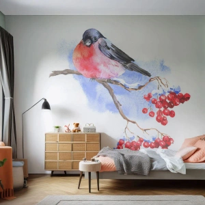 Fotomural Premium Sand - Ilustración en acuarela de un camachuelo en una rama con frutos rojos. - 100x70cm - Invierno en color - Decoración de pared moderna para salón y dormitorio ARTTOR