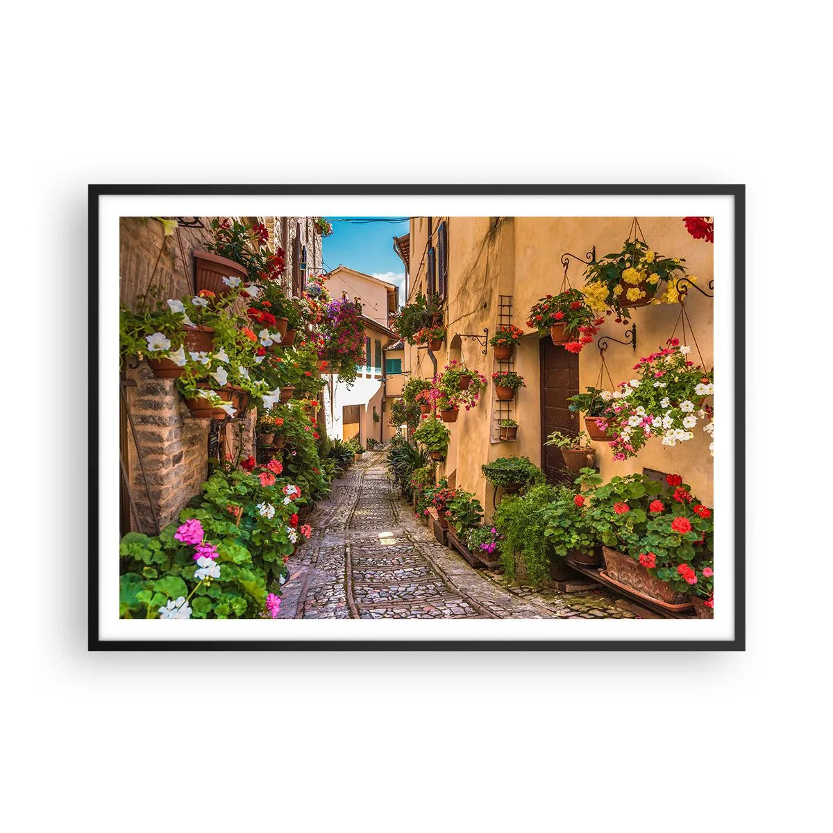Póster en marco negro - Una calle encantadora llena de flores y macetas. - 100x70cm - Callejón italiano - Decoración de pared moderna para salón y dormitorio ARTTOR