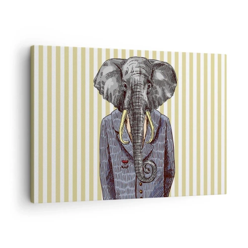 Cuadro sobre lienzo - Impresión de Imagen - Un elefante con traje sobre un fondo de rayas beige. - 70x50cm - Elegante por naturaleza - Decoración de pared moderna para salón y dormitorio ARTTOR
