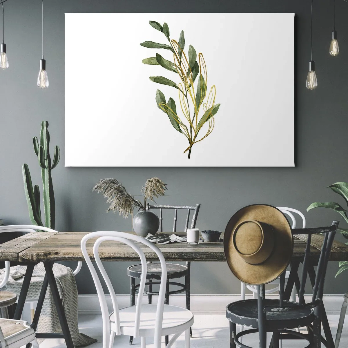 Cuadro sobre lienzo - Impresión de Imagen - Rama verde con hojas sobre fondo blanco. - 70x50cm - La vida se abre camino - Decoración de pared moderna para salón y dormitorio ARTTOR