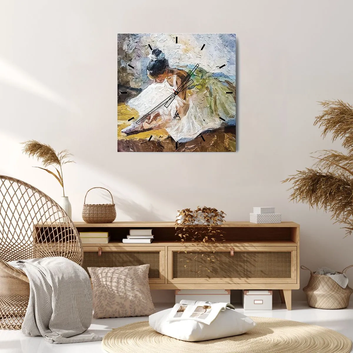 Reloj de pared - Reloj de vidrio - Una bailarina con un vestido blanco de estilo pictórico sobre un fondo impresionista. - 30x30cm - De un cuadro de Degas - Decoración de pared moderna para salón y dormitorio ARTTOR